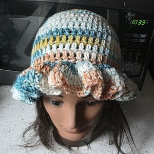 Crocheted Ruffled Bucket Hat in Pastel Multi (Handmade)